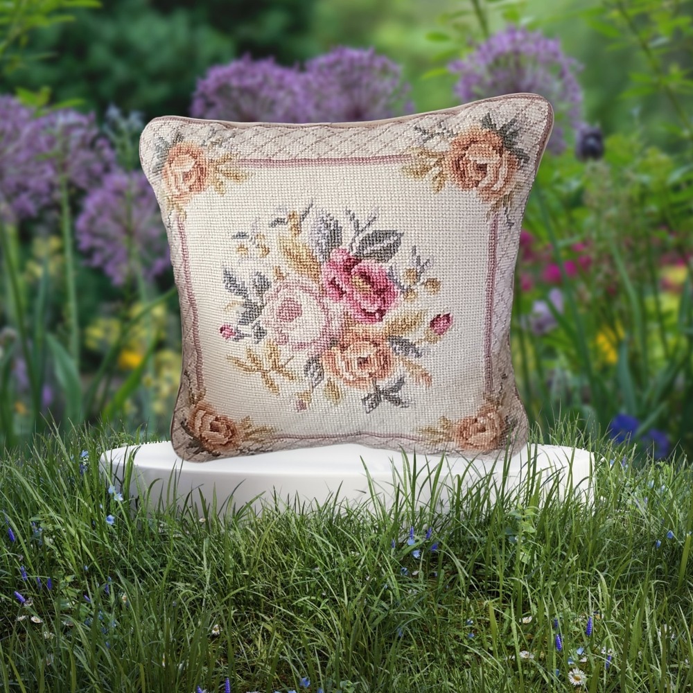 Vintage Needlepoint Floral Pillow Cover Elegant Design Home Decor.  13"